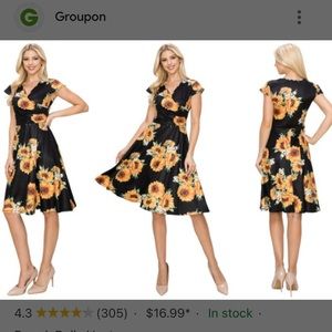 Bbonfine Sunflower Summer Dress Womens Size L Black Yellow Fit & flare